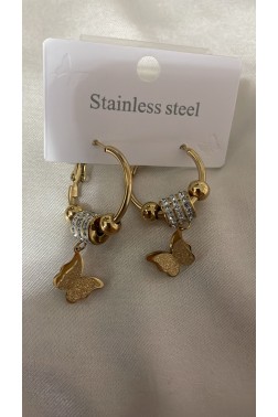 Kelebek Detaylı Taşlı Golden Küpe