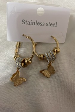 Kelebek Detaylı Taşlı Golden Küpe
