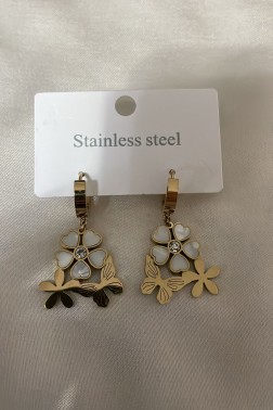 Çiçekler Ve Kelebek Detaylı Golden Küpe