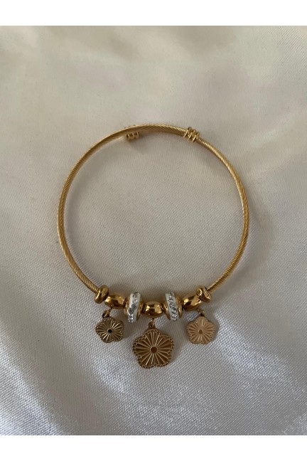 Kelepçe Çiçekli Gold Bileklik