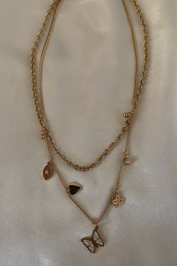İç İçe Çeşitli Kelebek Detaylı Gold Kolyeler	